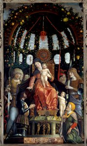 Voiton neitsyt (Madonna of Victory). Neitsyt Maria on edustettuna: St. Michael, St. George, St. Longin ja St. Andrew. Maalauksen suojelija, Mantuan markiisi, Francois II de Gonzague (Francis II Gonzaga) tekijältä Andrea Mantegna
