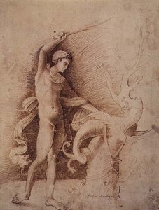Nuori mies taistelee lohikäärmettä vastaan tekijältä Andrea Mantegna