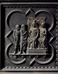 Johannes Kastaja nuhtelee kuningas Herodesta (21 eKr. - 39 jKr.), San Giovannin kastekirkon eteläovien yhdestoista paneeli, 1336 (pronssi).