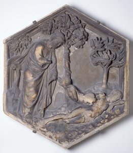 Eevan luominen, kuusikulmainen koristeellinen kohokuvio laatta sarjasta, joka kuvaa Genesiksen jaksoja, mahdollisesti perustuen Giotton (n. 1266-1337) suunnitelmiin n. 1334-48 (marmori)