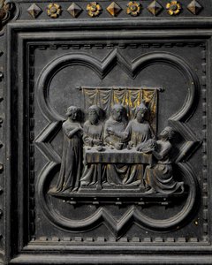 Johannes Kastajan pään esittäminen kuningas Herodekselle (21 eKr.-39 jKr.), San Giovannin kastekirkon eteläovien seitsemästoista paneeli, 1336 (pronssi).
