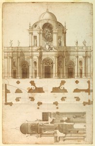 Ehdotettu korkeus, poikkileikkaus ja suunnitelma San Giovannin julkisivulle, Laterano, Rooma, Italia tekijältä Andrea Pozzo