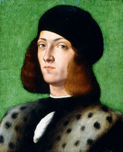 Nuoren herrasmiehen muotokuva, rinnan mittainen, musta lippis ja musta takki, 1506 tekijältä Andrea Previtali