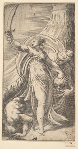 Judith nosti miekkansa oikeaan käteensä ja asetti Holofernesin pään sa..., n. 1542-45.