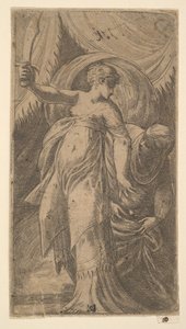 Judith miekka nostettuna oikeaan käteensä ja asettaa pään Holofernes i..., n. 1540-45.