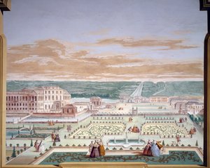Perspektiivipiirros huvilasta ja kuvitteellisesta puutarhasta, Andrea Urbanin (1711-1798) fresko Villa Pisanissa, Stra, Veneto. Italia tekijältä Andrea Urbani