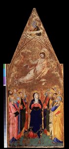 ""Kristuksen taivaaseenastuminen"" Alla Neitsyt Maria ja apostolit tarkkailemassa Jeesusta Kristusta. Yllä esitys profeetta Jeremiasta. Tempera puulle kirjoittanut Andrea Vanni (1332-1414) 1355-1360 Mitat 68x28 cm Eremitaaši, Pietari (Saint-Petersbo) tekijältä Andrea Vanni