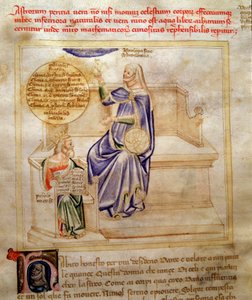 Astrologian tai tähtitieteen allegorioita Bartolomeo di Bartolin teoksessa "Song of the Seven Vertus ja Seven Liberals Arts, jotka on tarkoitettu Bruzio Viscontille" (hyveiden ja tieteiden laulu). Andrea di Bartolin vesiväri (toiminut 1358-1358 tekijältä Andrea de Bartoli