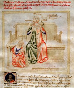 Dialektiikan allegorioita Bartolomeo di Bartolin teoksessa "Chansonne des sept Vertus et des sept Arts liberales, joka on määrätty Bruzio Viscontille" (hyveiden ja tieteiden laulu). Andrea di Bartolin vesiväri (aktiivinen 1358-1368) (ms. 599, fo