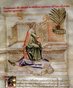 Raittiuden allegorioita Bartolomeo di Bartolin teoksessa "Chansonne des sept virtues et des sept arts liberoux destinee a Bruzio Visconti" (Laulu hyveistä ja tieteistä). Andrea di Bartolin vesiväri (aktiivinen 1358-1368) (ms. 599, f