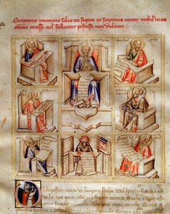 Kirkon tohtoreiden edustus: Pyhä Johannes, Milanolainen pyhä Ambroseus, Pyhä Hieronymus, Pyhä Gregoire Suuri ja Pyhä Paavali teoksessa "Song of the Seven Vertus and Seven Liberals Arts Detetee for Bruzio Visconti"" (La Canzone delle) Virtu e dell tekijältä Andrea de Bartoli