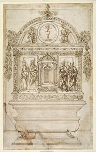 Suunnittelu kappelin alttarille, tabernaakkelilla eukaristiaa varten (kynä ja ruskea muste ruskealla pesulla valkoisella paperilla) tekijältä Andrea del (follower of) Verrocchio