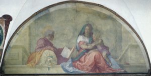Lunette, jossa on Andrea del Sarton (1486-1530) Madonna del Sacco, fresko tekijältä Andrea del Sarto