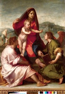 Madonna della Scala. Pyhä perhe enkelin kanssa. Andrea del Sarton (1486-1531) maalaus 1522-1523 su. 1,77x1,35 m Madrid, Prado-museo tekijältä Andrea del Sarto