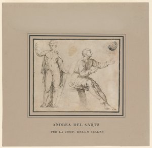 Luonnoksia alastonhahmosta klassisessa asennossa ja istuvasta hahmosta tekijältä Andrea del Sarto