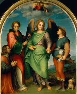 Arkkienkeli Rafael sekä Tobias, pyhä Leonard ja lahjoittaja Leonardo di Lorenzo Morelli tekijältä Andrea del Sarto