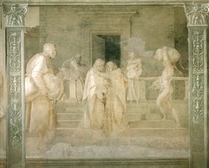 Neitsyt vierailu Elizabethissa, yksityiskohta Andrea del Sarton (1486-1530) Neitsyttarinasta, yksivärinen fresko, Scalzon luostari, Firenze tekijältä Andrea del Sarto