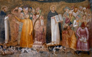 Militantin kirkon voitto: Tuomas Akvinolainen harhaoppisten edessä ja alhaalla oikealla, Fra Dolcino repi kirkon virallisen opin. Spagniards-kappeli (Freskon yksityiskohta, 1365)