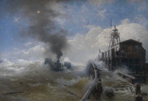 Hinaaja lähtee Ostenden satamasta nousuveden aikaan tekijältä Andreas Achenbach