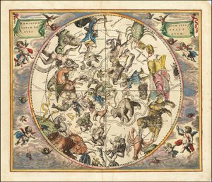 Vuoden 1660 taivaankartta, jossa pohjoisen pallonpuoliskon tähtikuviot on sijoitettu maan eteläisen pallonpuoliskon päälle. tekijältä Andreas Cellarius