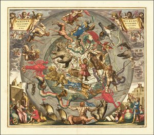 Vuoden 1708 taivaankartta - Haemisphaerii Borealis Coeli et Terrae Sphaeri Cascenographia - Haemisphaerii Borealis Coeli et Terrae Sphaeri Cascenographia tekijältä Andreas Cellarius