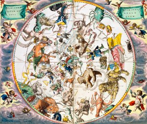 Taivaan planisfääri näyttää horoskoopin merkkejä, 1660-1661