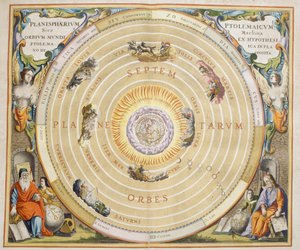 Harmonia Macrocosmica, Ptolemaioksen teoria planeettojen liikkeestä, kaiverrus, Andreas Cellarius (1596-1665)