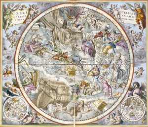 Kartta kristillisistä tähtikuvioista Julius Schillerin kuvaamana, teoksesta The Celestial Atlas, or The Harmony of the Universe atlas coelestis seu harmonia macrocosmica pub. by Joannes Janssonius, Amste.