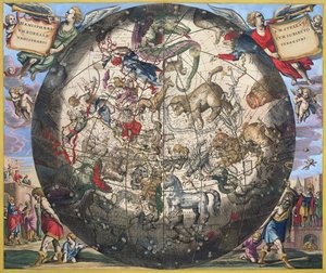 Pohjoinen (boreaalinen) pallonpuolisko, teoksesta "Taivaallinen atlas tai maailmankaikkeuden harmonia", kaiverrus Pieter Schenk (1660-1719) ja Gerard Valk (1651-1726) (käsinvärinen kaiverrus) tekijältä Andreas Cellarius