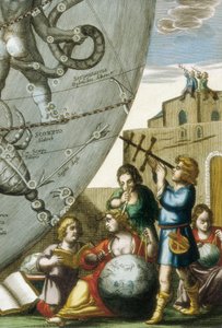 Tiedemiehet (astrologit ja tähtitieteilijät), jotka tutkivat maapalloja ja taivaskarttaa, yksityiskohta Andreas Cellariuksen (1596-1665) Atlas Coelestis seu Harmonia Macrocosmicasta tekijältä Andreas Cellarius