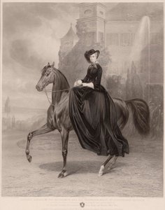 Ratsastusmuotokuva Elizabeth of Baijerista (1837-1898) (Itävallan keisarinna, joka tunnetaan yleisesti nimellä Sissi). Andreas Johann Fleischmannin (1811-1878) teos, kaiverrus kupariin tekijältä Andreas Johann Fleischmann