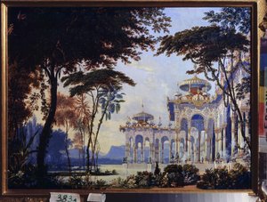 Palatsi - Mihail Glinkan (1804-1857) oopperan "Rouslan ja Ljudmila" valmisteleva sisustus - M Glinkan Ruslan ja Ljudmila -oopperan lavastus - Andreas Leonhard Rollerin (1805-1891) työ, akvarelli ja guassi paperille tekijältä Andreas Leonhard Roller