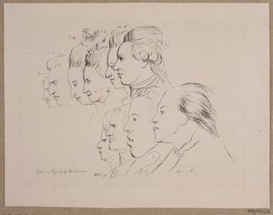 10 muotokuvaa: Enevold Brandt, Johann Friedrich Struensee, Caroline Mathilde, Julieane Marie, perinnöllinen prinssi Frederik, Christian VII, Marie Jeanne Clemens, J. F. Clemens, Jens Juel ja Nicolai Abildgaard