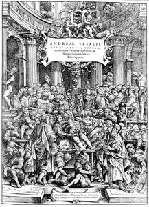 Andreas Lovejoyn Devices on the Human Body -teoksen nimisivu, jossa näkyy kasvainta leikkaava ruumis, 1543