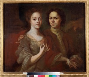 Omakuva vaimonsa kanssa (Omakuva vaimon kanssa) - Andrei Matvejevitš Matvejevin (Matvejev) (1701-1739) maalaus, öljy kankaalle, noin 1729 - venäläinen taide, 1700-luvun muotokuva - Venäjän valtionmuseo, Pietari tekijältä Andrei Matveyev