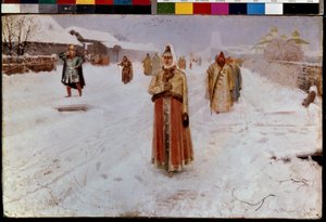 Sunnuntai (sunnuntai). Talvella lumisella tiellä Moskovan suurruhtinaskunnassa, vanhan Venäjän vaikeina aikoina (1500-1700-luvulla), bojaarit (boiardit, boiarit), miehet ja naiset, perinteisessä asussa, palaavat kirkosta. Andrein maalaus tekijältä Andrei Petrovich Ryabushkin