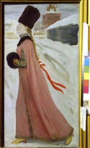 Nuori Moskovan tyttö 1600-luvulla (Moscow Girl of the 17th Century). Boyardin (boiard, boiar) aristokraatin muotokuva, joka kävelee ylimielisesti lumisella kadulla. Andrei Petrovitš Rjabushkinin (Riaboutchkine) (1861-1904) työ, öljy pahville