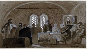 Duuma Boyars (boiards, boiars) aikana (The Boyar Duuma). Kiovan Venäjän ruhtinaiden neuvottelukunta (Ruthenia) Venäjän tsaari Mikael I:n aikaan (1596-1645). Andrei Petrovitš Rjabushkinin (Riaboutchkine) (1861-1904) teos, aquare