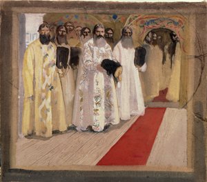 Tsaaria odotellessa. Boyardit (boiardit, boiarit) Moskovan herttuakunnassa odottavat tervetulleeksi Venäjän tsaari Aleksis I:n, joka tunnetaan nimellä Erittäin rauhallinen tsaar (1629-1676). Andrei Petrovitš Rjabushkinin (Riaboutchkine) työ (1861-1904) tekijältä Andrei Petrovich Ryabushkin