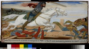 Prinssi Vasily Ukhtomsky taistelee tataareita (tataareja) vastaan ​​Volgalla vuonna 1469. (Prinssi Ukhtomsky taistelussa tataareja vastaan ​​Volgalla vuonna 1469). Andrei Petrovitš Rjabushkinin (Riaboutchkine) (1861-1904) työ, guassi paperille tekijältä Andrei Petrovich Ryabushkin