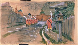 Katupartio Iljinski-portilla vanhassa Moskovassa. Andrei Petrovitš Ryabushkin (Riaboutchkine) (1861-1904) työ, akvarelli paperille tekijältä Andrei Petrovich Ryabushkin