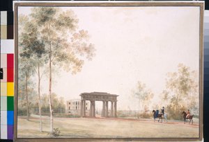 Andrei Jefimovitš Martynov (1768-1826) "Portti puistoon Tsarskoje Selossa", guassi paperilla vuoden 1821 jälkeen, 38,5x51,5, Valtion Tretjakovin galleria, Moskova tekijältä Andrei Yefimovich Martynov