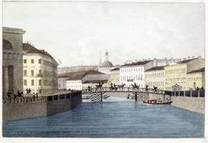 Le Pont Bolshoi Koniushennyi Pietarissa. (Bolshoi Koniushennyi-silta Pietarissa). Andrei Jefimovitš Martynovin litografia ja akvarelli (1768-1826)
