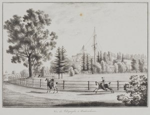 Näkymä kelkkailupaviljonkiin ja lennättimeen Oranienbaumissa, 1821-1822 tekijältä Andrei Yefimovich Martynov