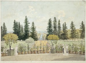 Näkymä Suuren Oranienbaumin palatsin terassilta Lomonossovissa, Pietarin taajamassa (Näkymä Suuren Oranienbaumin palatsin terassilta). Andrei Jefimovitš Martynovin (1768-1826) teos, akvarelli paperille tekijältä Andrei Yefimovich Martynov