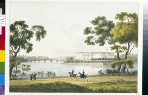Näkymä Stone Islandin (tai Kamenny Islandin) palatsista Pietarissa (näkymä Kamenny Island Palacesta Pietarissa). Andrei Jefimovitš Martynovin litografia ja akvarelli (1768-1826)