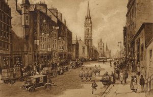 Edinburgh: High Street, näkymä kohti Tronin kirkkoa ja St Gilesin katedraalia (litho)