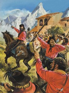 Guiseppe Garibaldi (1807-82) ja hänen armeijansa taistelussa neopoliittisia kuninkaallisia joukkoja vastaan (guassi paperille). tekijältä Andrew Howat