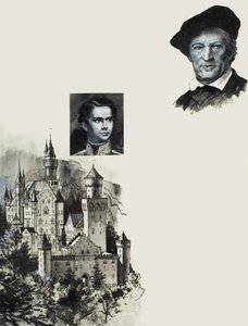 Baijerin Ludvig II ja hänen Neuschwansteinin linnansa (guassia paperille) tekijältä Andrew Howat