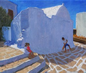 Kriketti kirkon seinällä, Mykonos (öljy kankaalle) tekijältä Andrew Macara